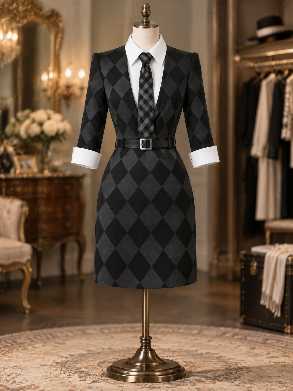 Vintage Argyle Two-Piece Illusion Collared Tie Belted Bodycon Mini Dress