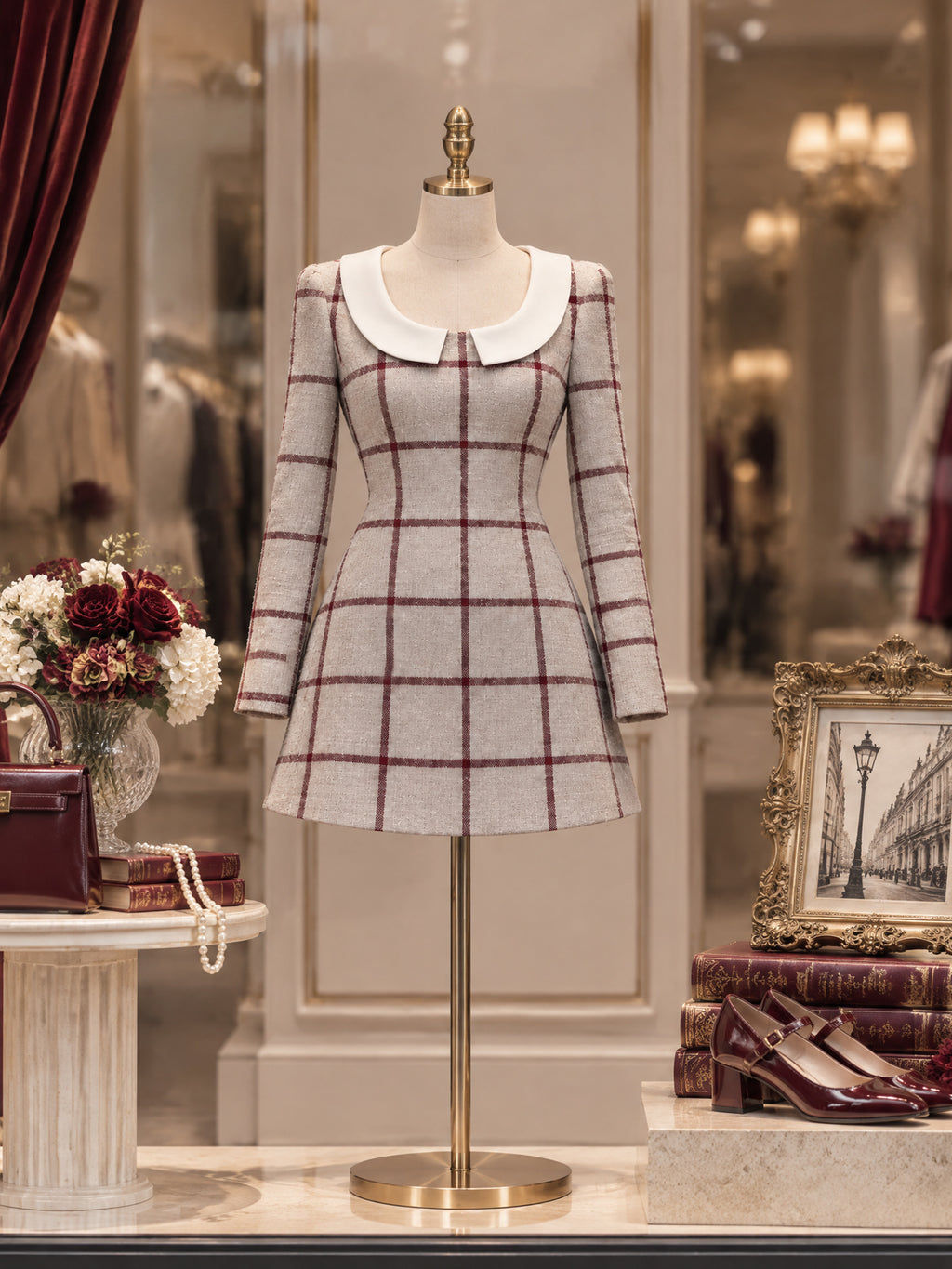 Vintage Peter-Pan Collar Windowpane Mini Dress