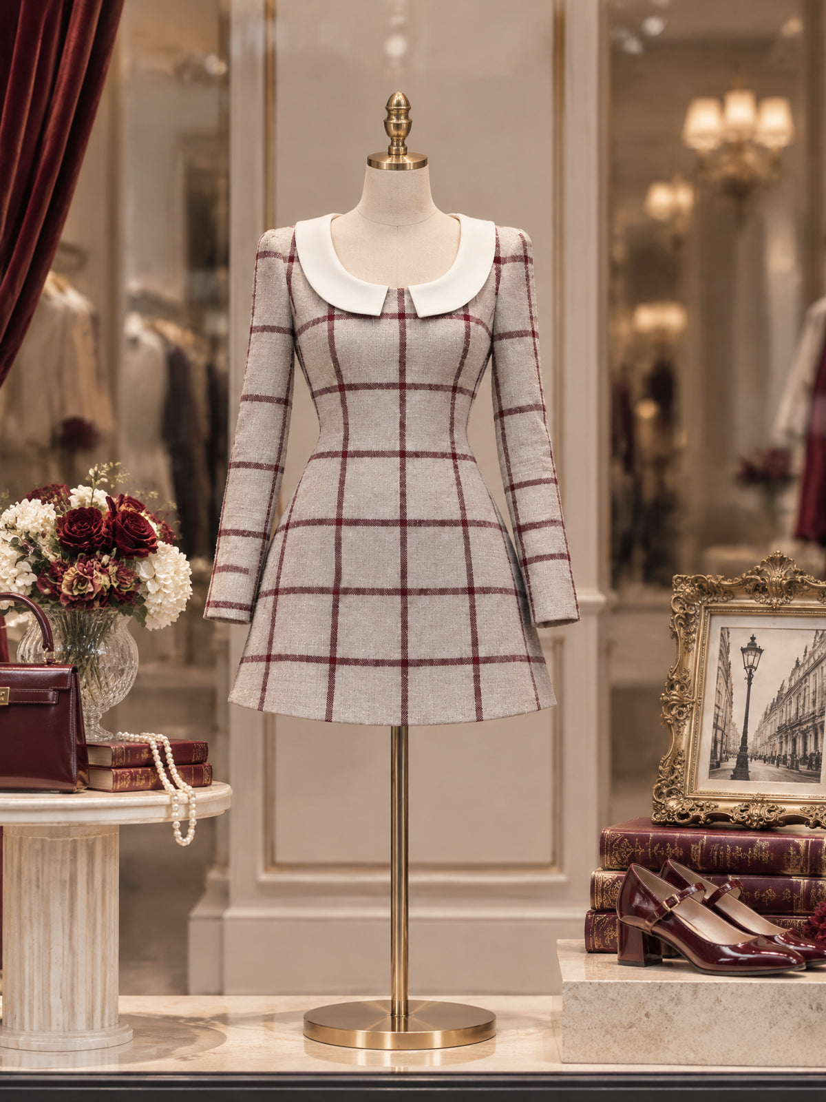 Vintage Peter-Pan Collar Windowpane Mini Dress