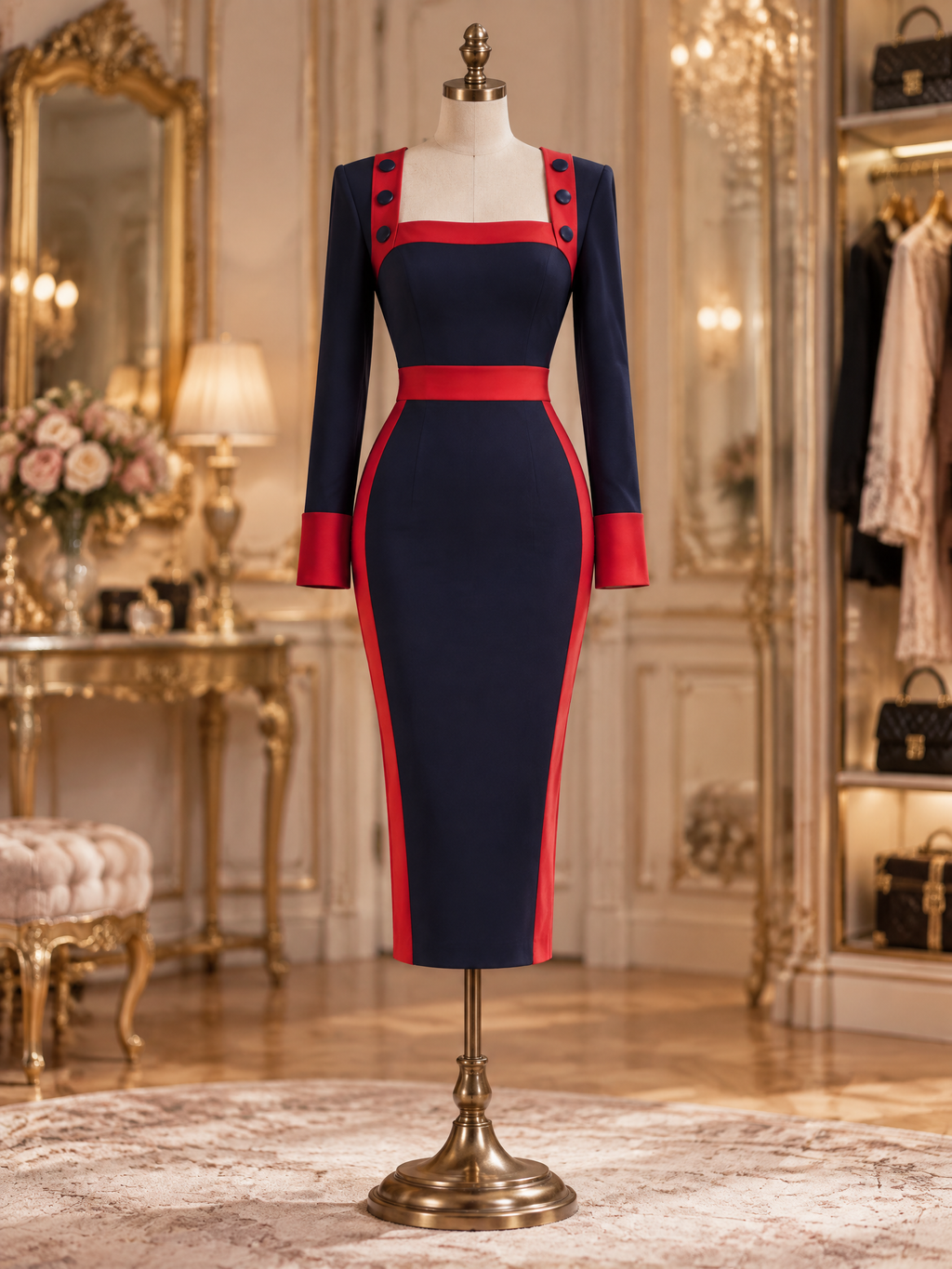 Vintage Navy Red Contrast Square Neck Bodycon Midi Dress