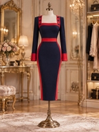 Vintage Navy Red Contrast Square Neck Bodycon Midi Dress