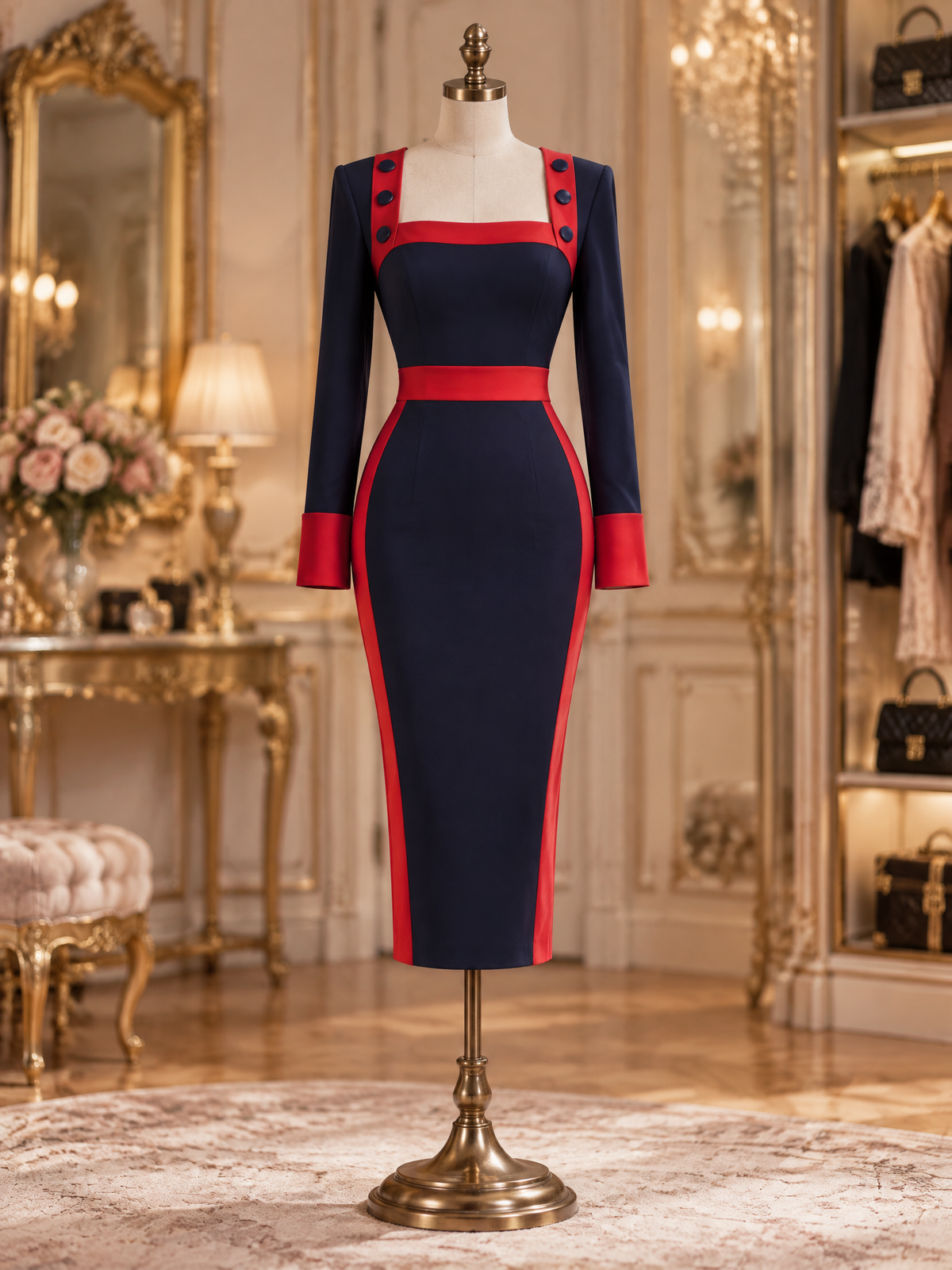 Vintage Navy Red Contrast Square Neck Bodycon Midi Dress