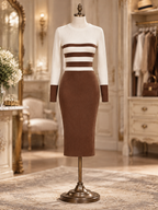 Vintage Brown White Striped Ribbed Knit Long Sleeve Bodycon Midi Dress