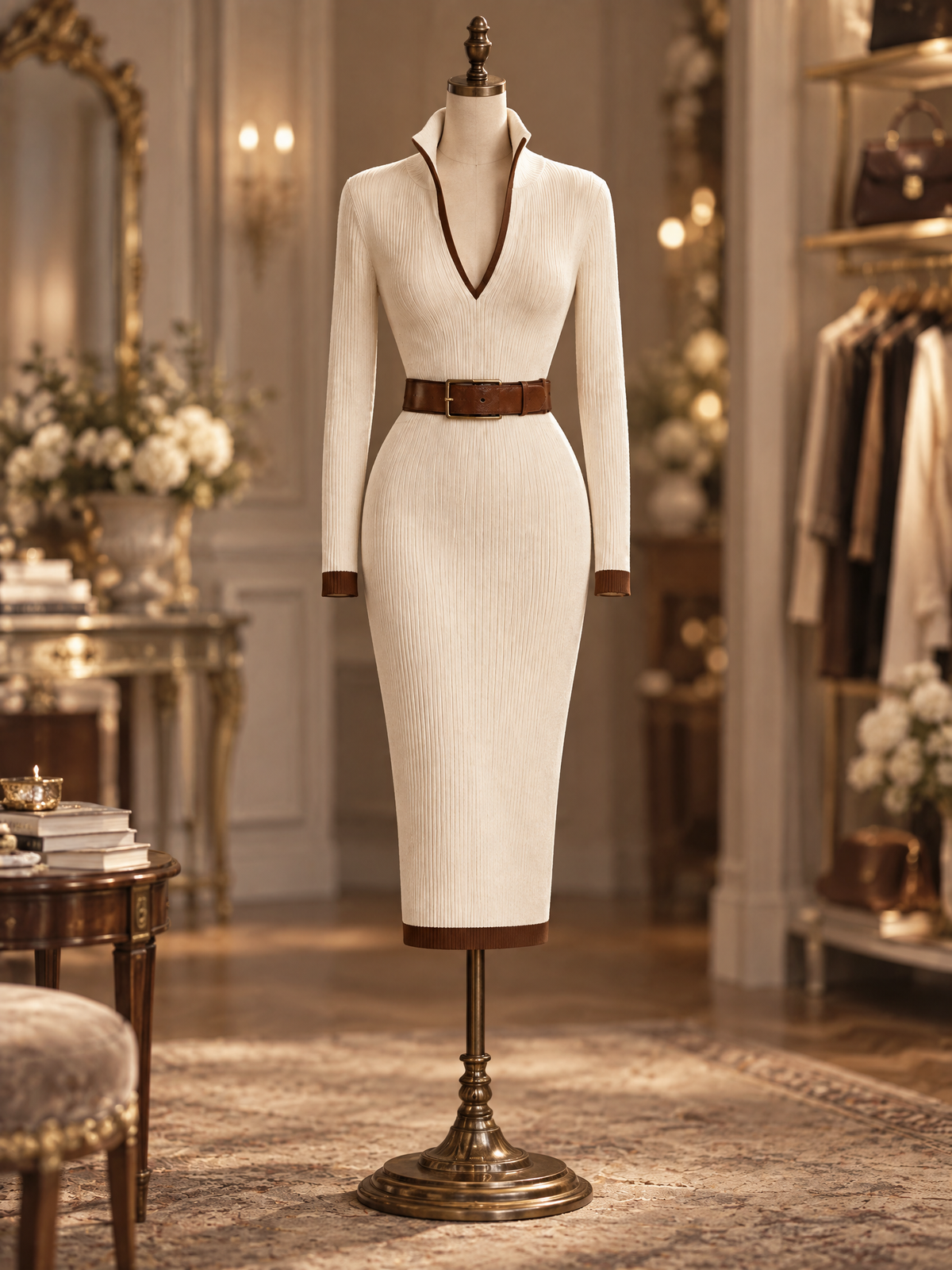 Vintage Zip Collar Contrast Trim Ribbed Knit Midi Dress