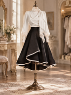 Vintage High Neck Satin Puff Sleeve 2-Piece Skirt Dress