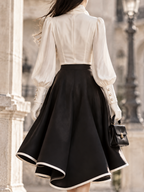 Vintage High Neck Satin Puff Sleeve 2-Piece Skirt Dress