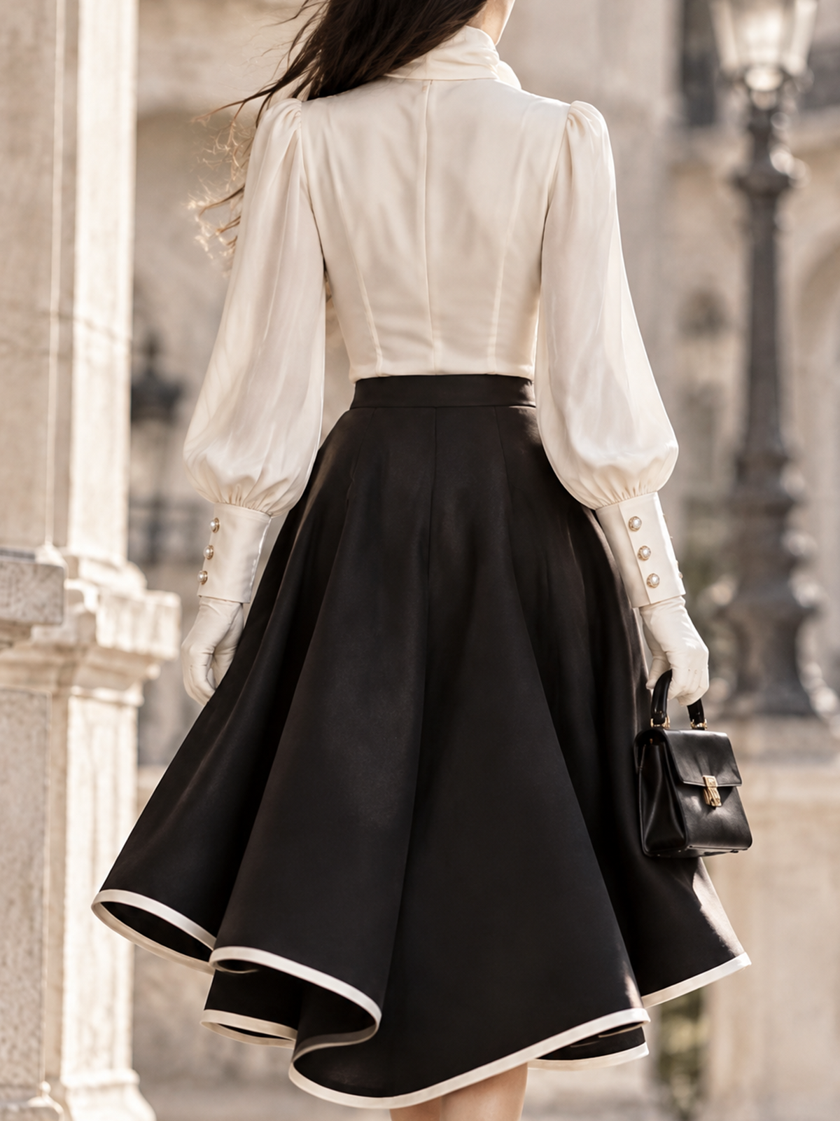 Vintage High Neck Satin Puff Sleeve 2-Piece Skirt Dress