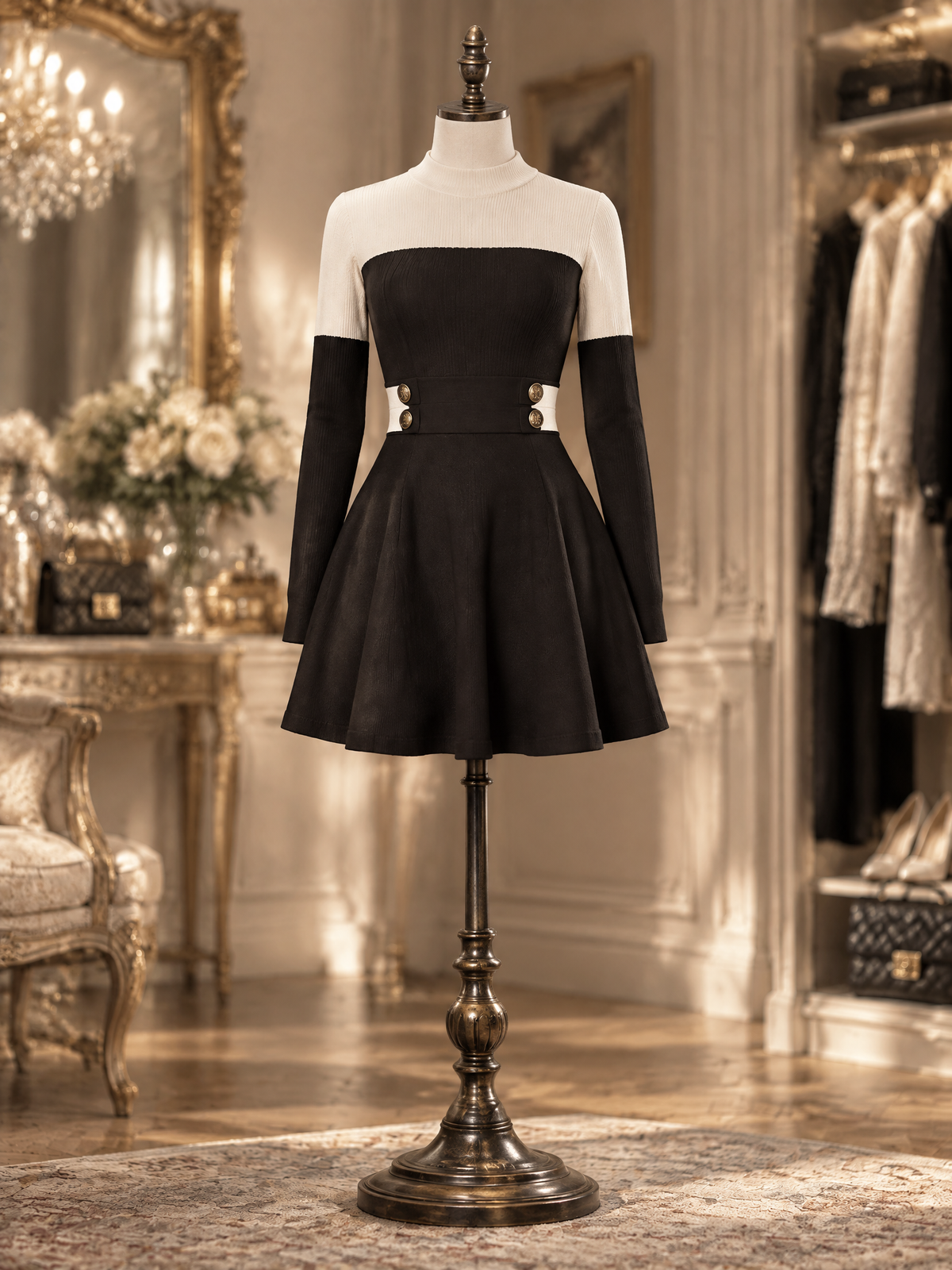Vintage Color Block Ribbed Knit Button Waist Flare Mini Dress