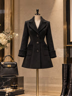 Vintage Ribbed-Cuff Notch-Lapel Fitted Wool Coat