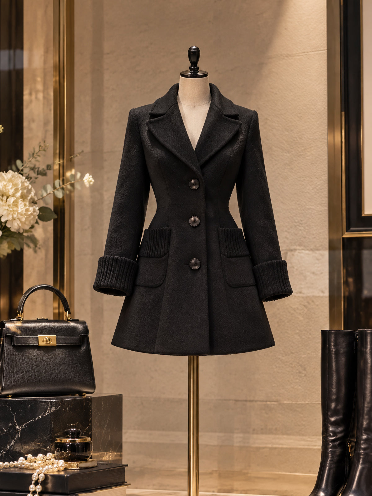 Vintage Ribbed-Cuff Notch-Lapel Fitted Wool Coat