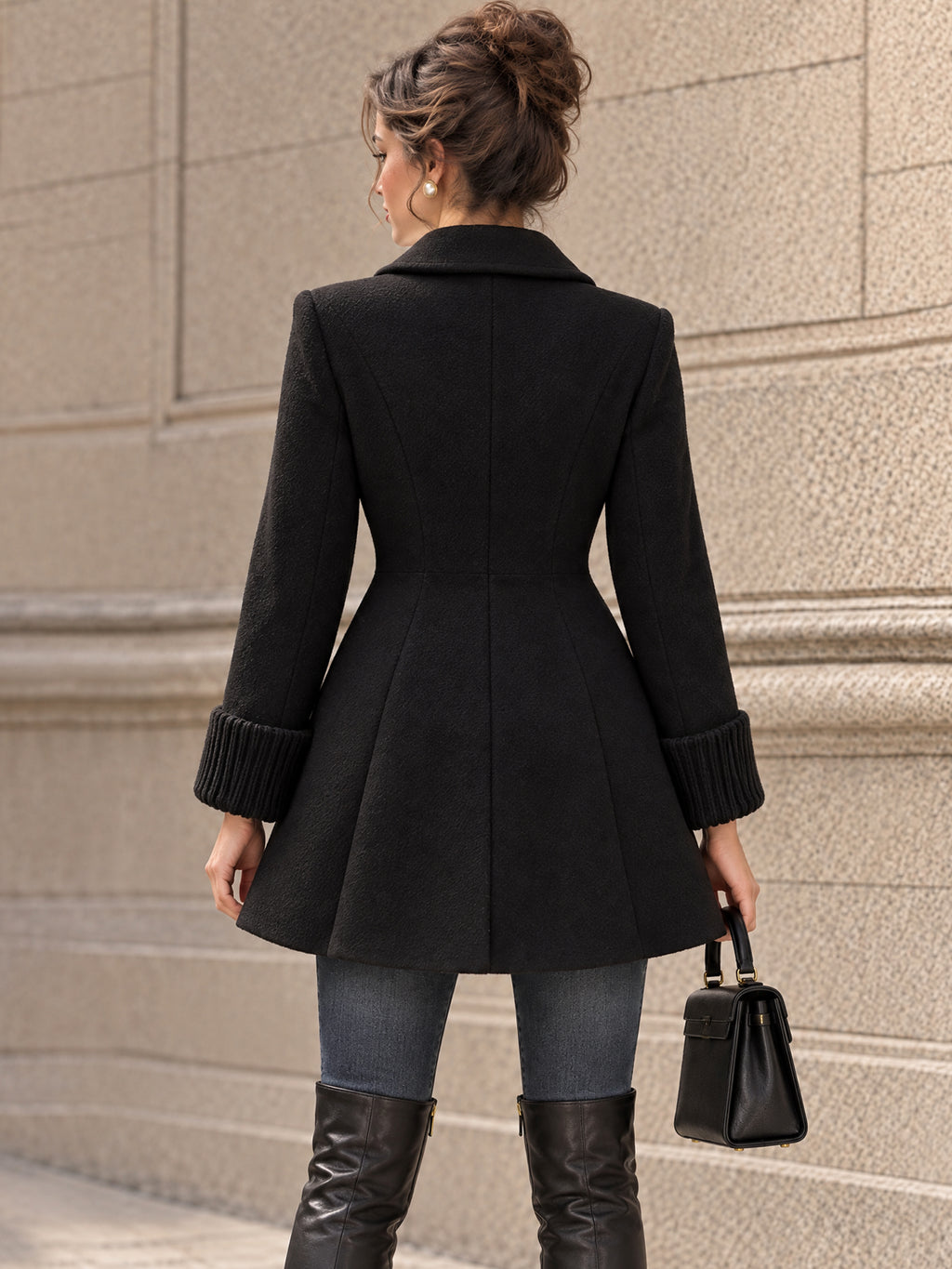 Vintage Ribbed-Cuff Notch-Lapel Fitted Wool Coat
