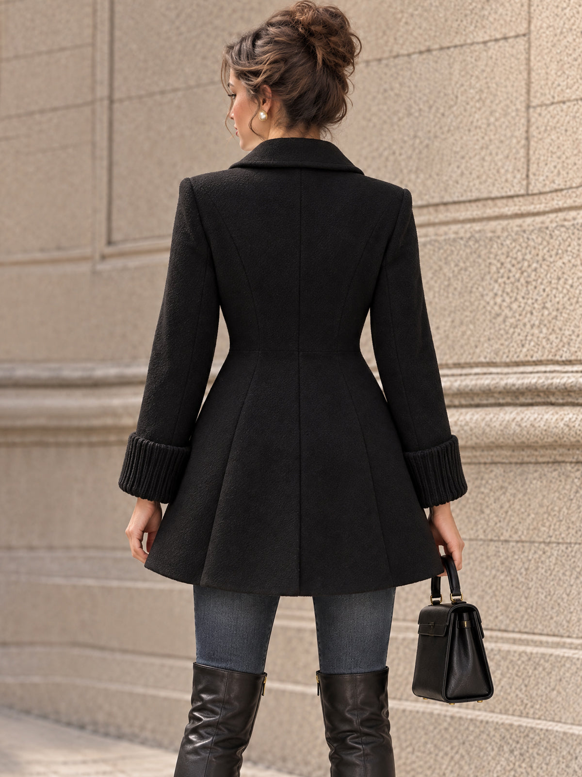 Vintage Ribbed-Cuff Notch-Lapel Fitted Wool Coat
