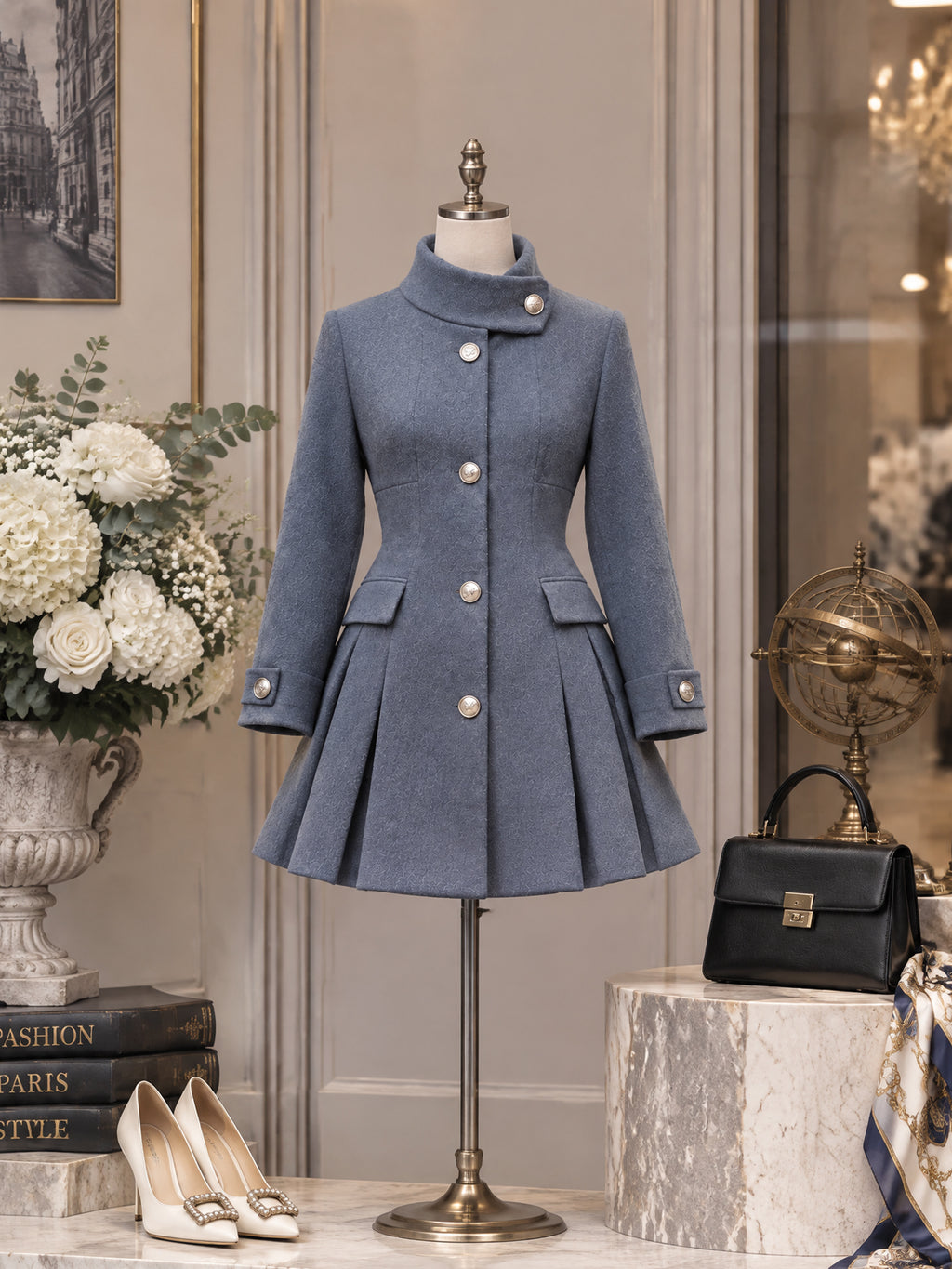 Vintage Silver-Button Stand-Collar Pleated Mini Dress