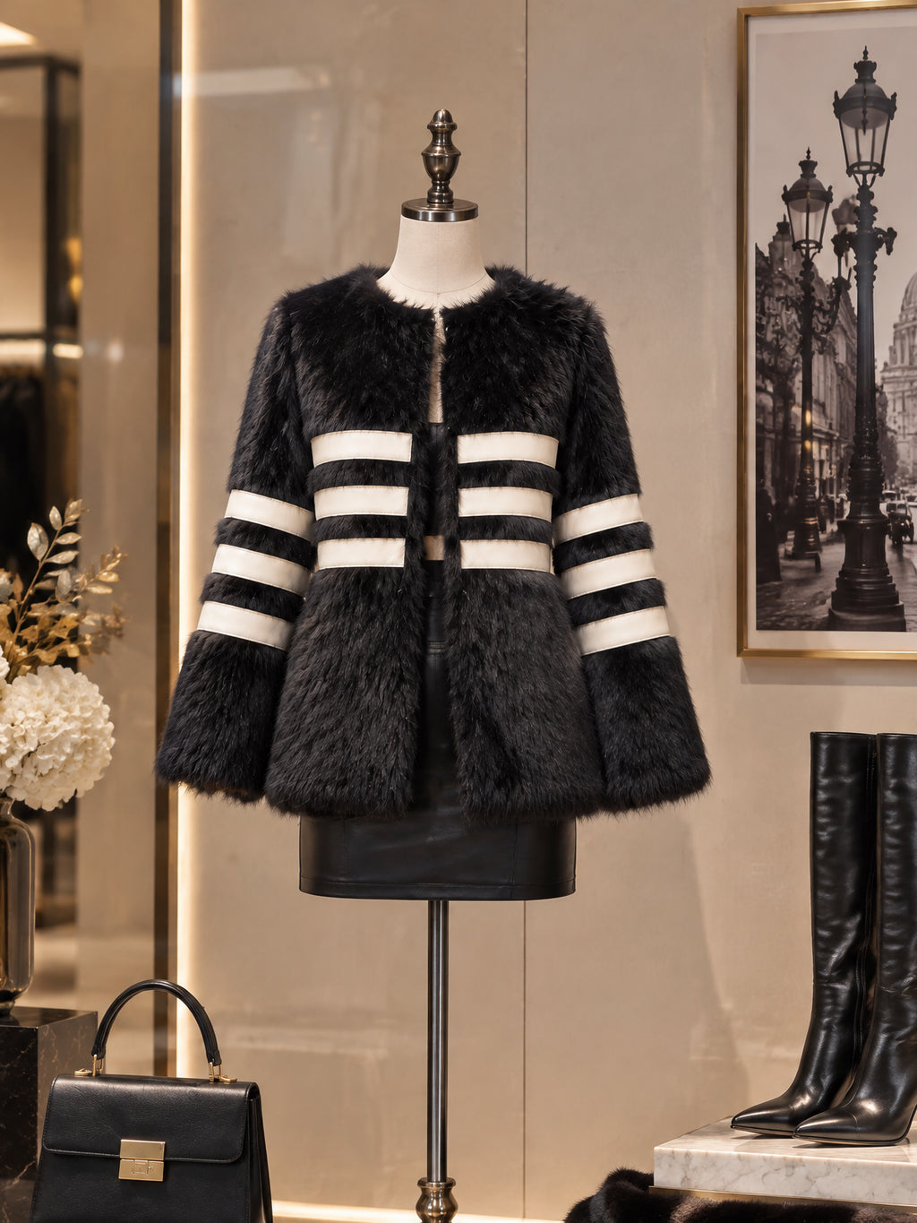 Vintage Striped Collarless Faux Fur Jacket