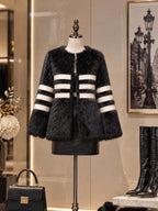 Vintage Striped Collarless Faux Fur Jacket