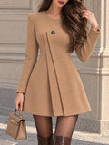 Vintage Camel Asymmetric Pleated Mini Dress