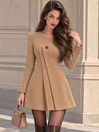 Vintage Camel Asymmetric Pleated Mini Dress