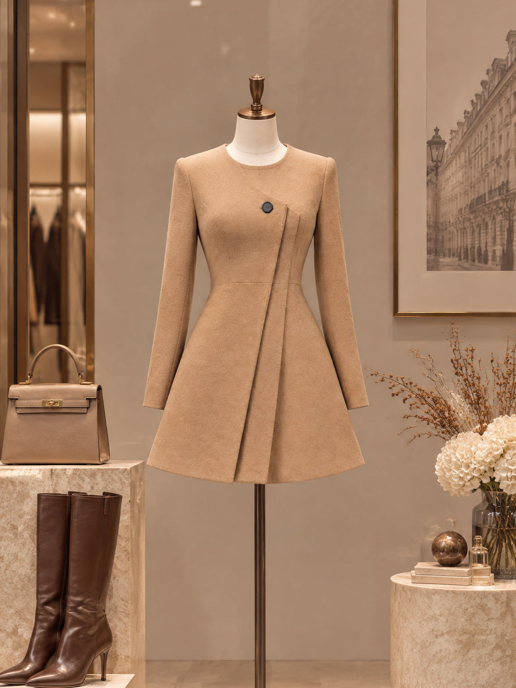 Vintage Camel Asymmetric Pleated Mini Dress