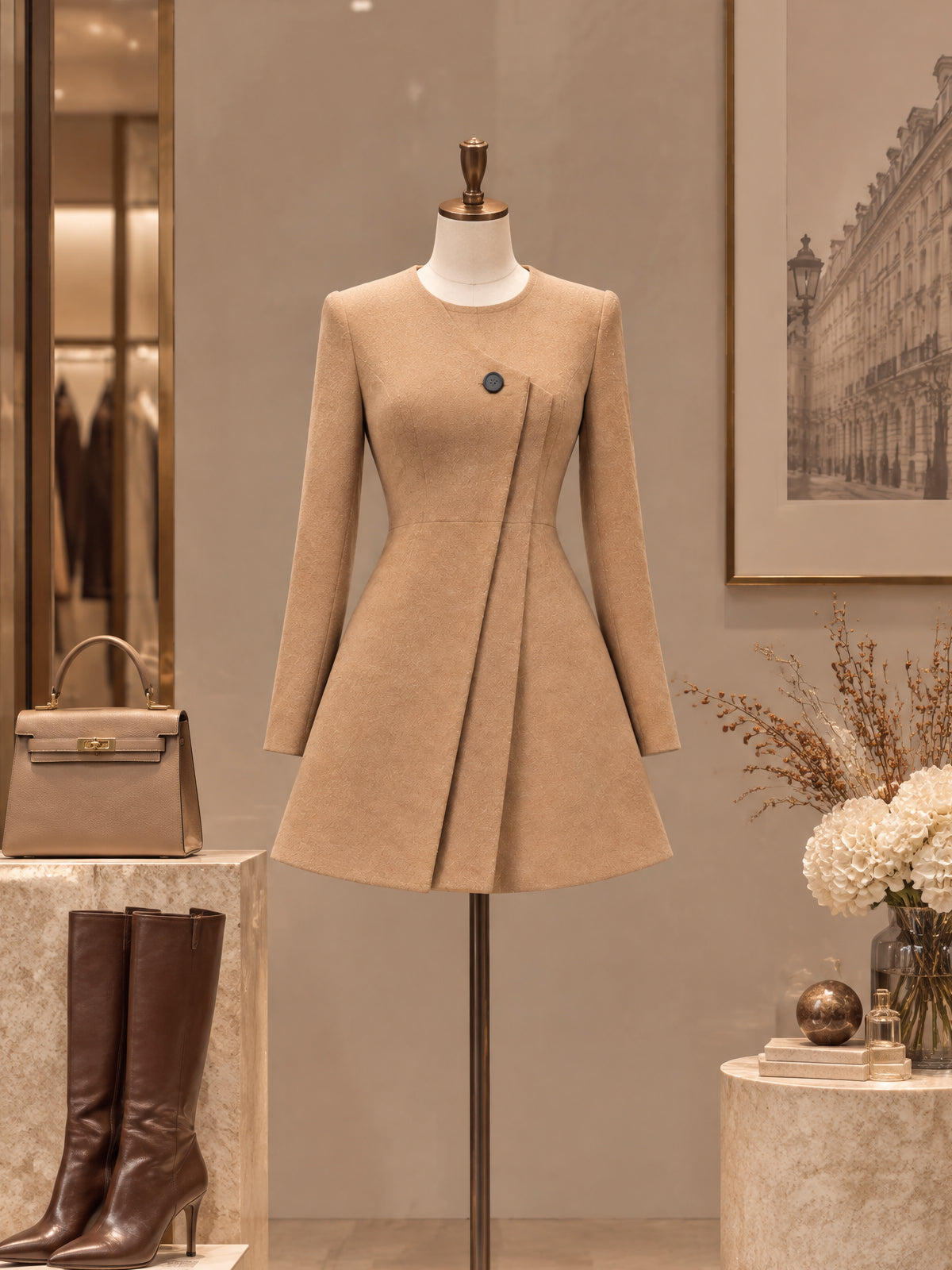 Vintage Camel Asymmetric Pleated Mini Dress