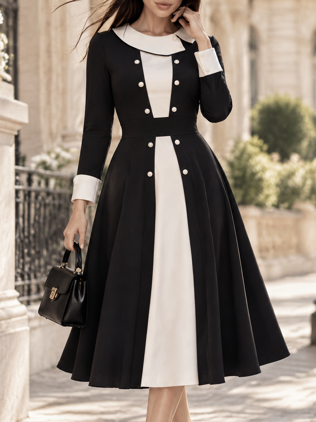 Vintage Contrast Collar Button Long Sleeve Fit Flare Midi Dress