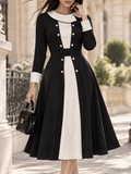 Vintage Contrast Collar Button Long Sleeve Fit Flare Midi Dress