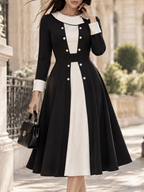 Vintage Contrast Collar Button Long Sleeve Fit Flare Midi Dress
