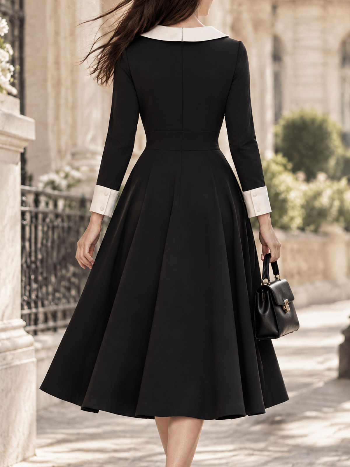 Vintage Contrast Collar Button Long Sleeve Fit Flare Midi Dress