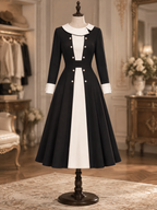 Vintage Contrast Collar Button Long Sleeve Fit Flare Midi Dress