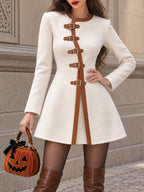 Vintage Buckle-Strap Leather-Trim Wool Mini Dress