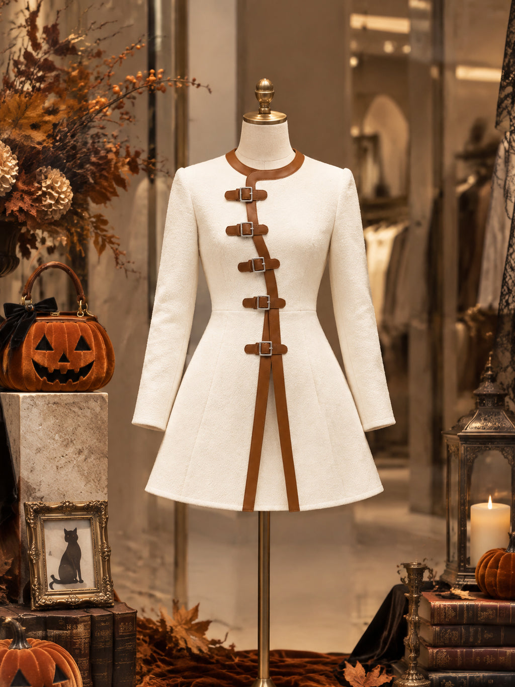 Vintage Buckle-Strap Leather-Trim Wool Mini Dress