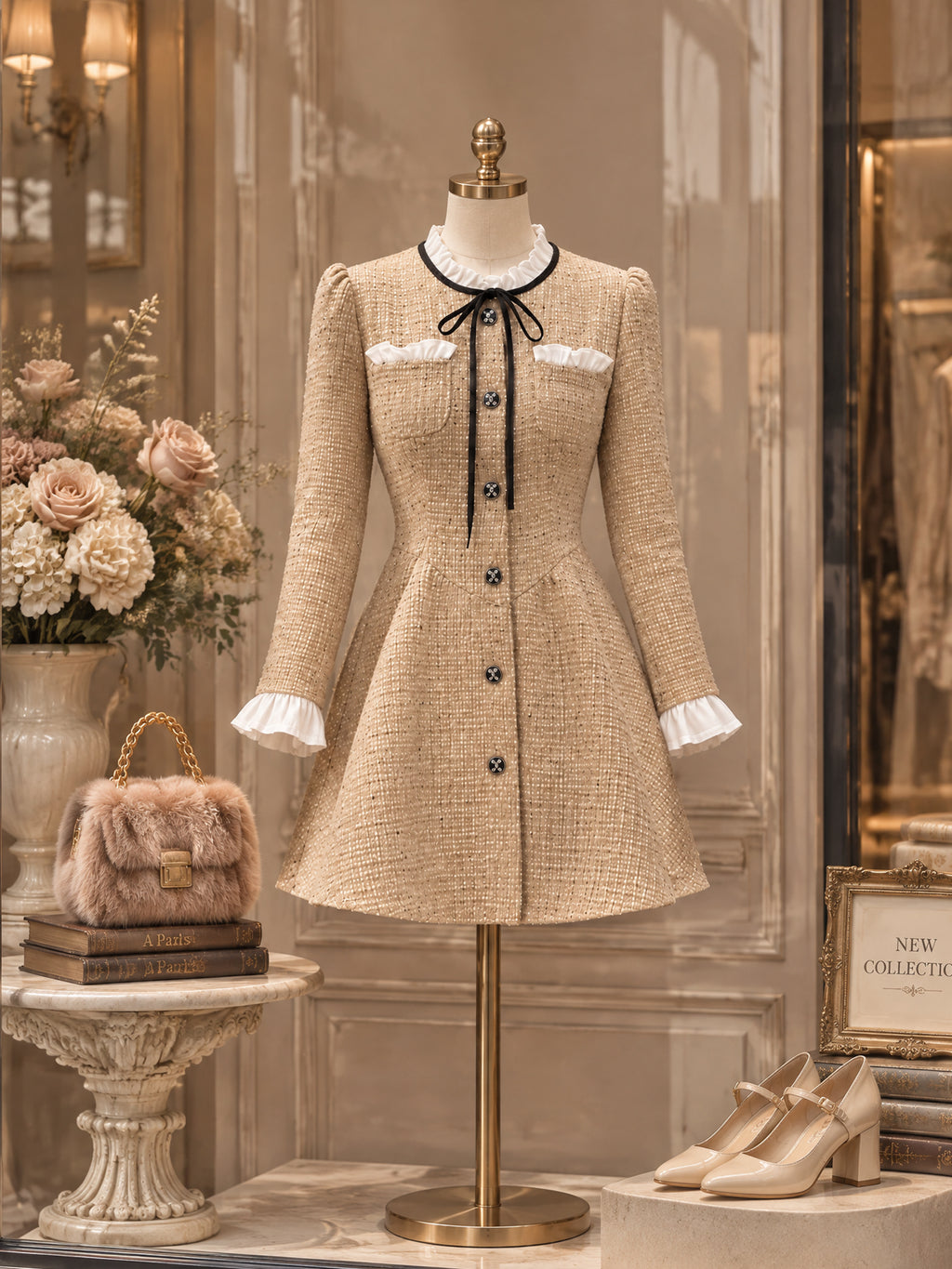 Vintage Ruffle-Collar Bow-Tie Tweed Mini Dress