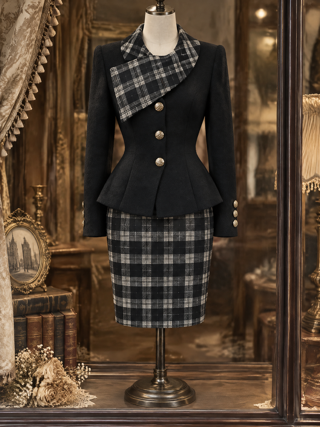 Vintage Plaid Spliced Lapel Skirt Set