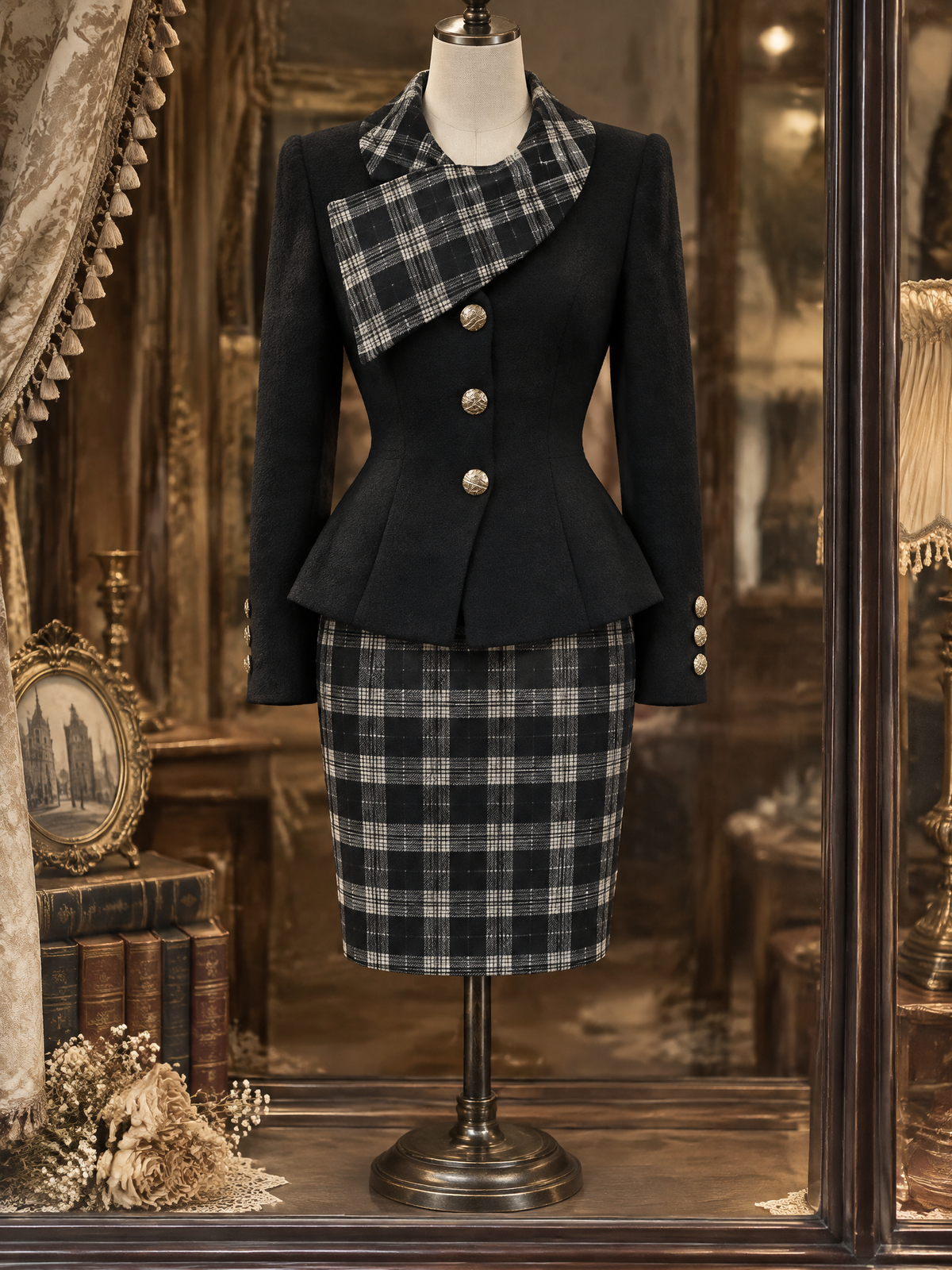 Vintage Plaid Spliced Lapel Skirt Set