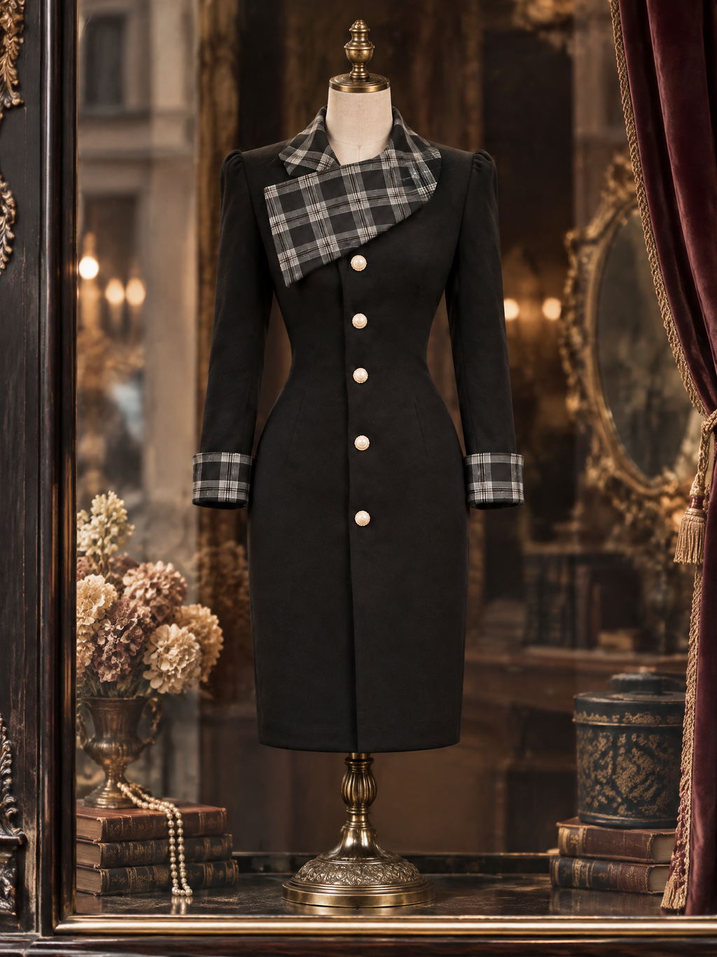 Vintage Plaid Spliced Wool Blend Slim Fit Midi Dress