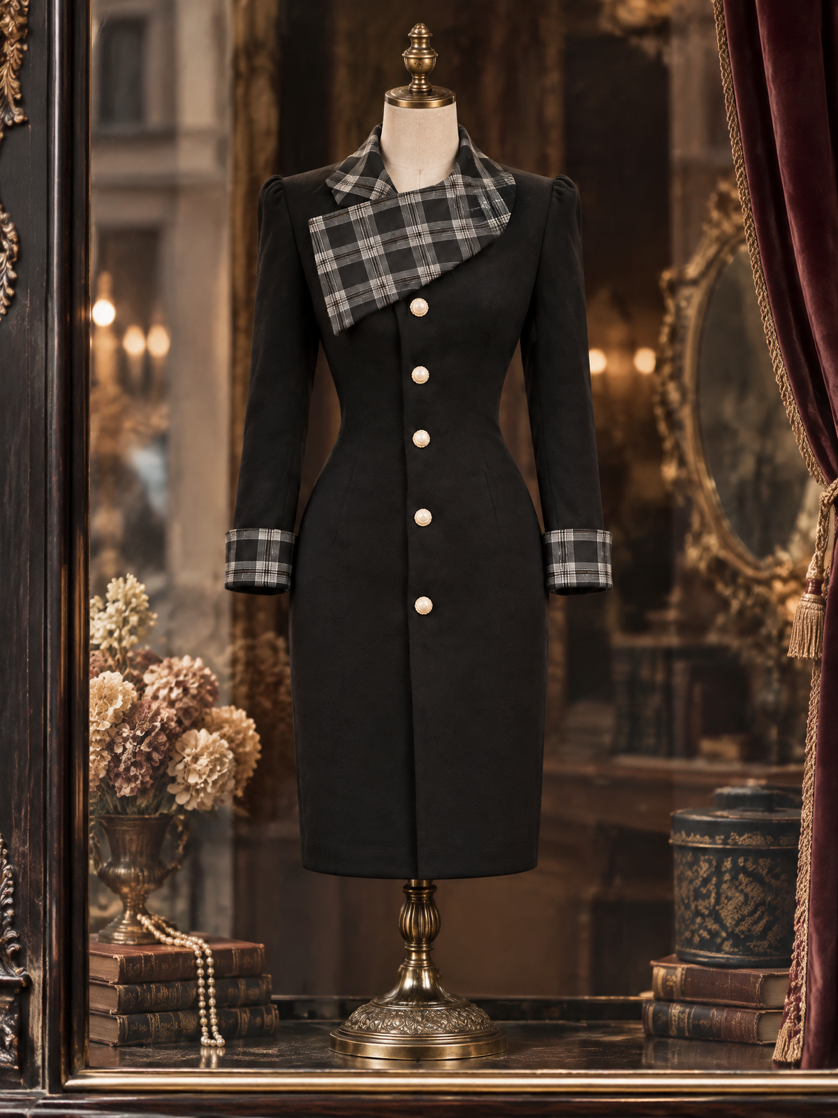 Vintage Plaid Spliced Wool Blend Slim Fit Midi Dress