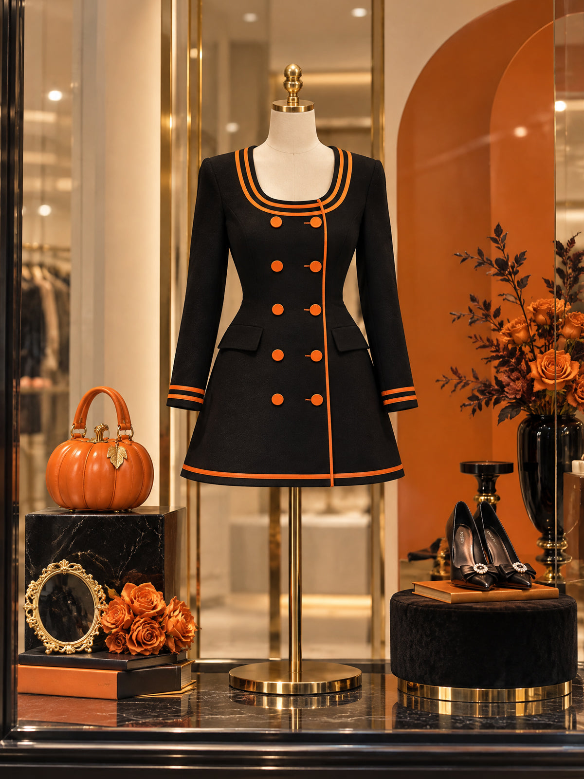 Vintage Orange-Trim Double-Breasted Wool Mini Dress