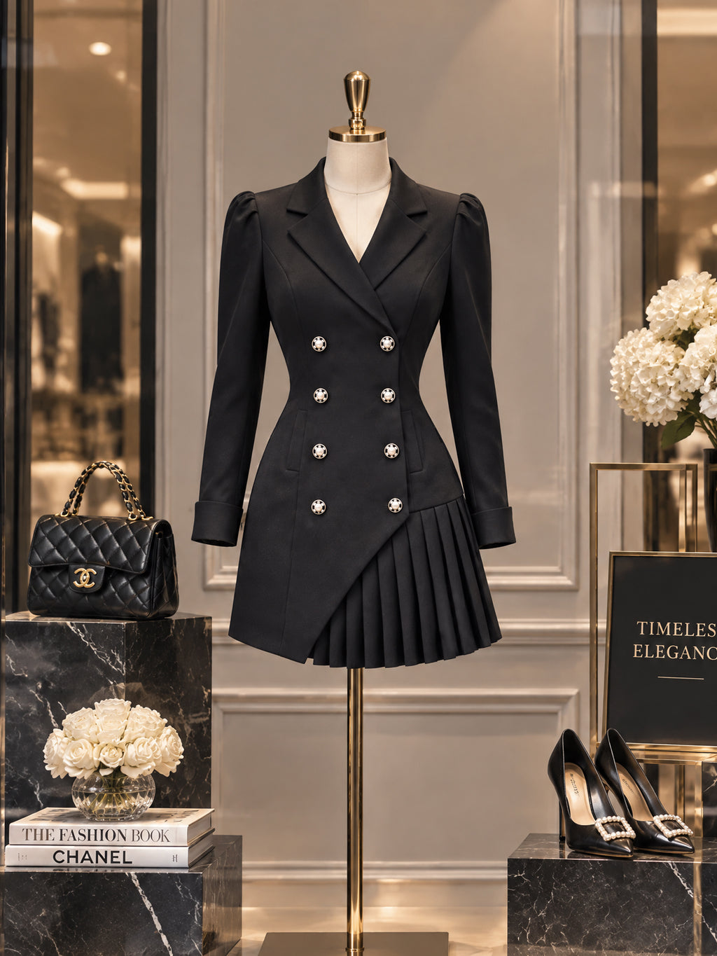Vintage Double-Breasted Pleated Blazer Wool Mini Dress