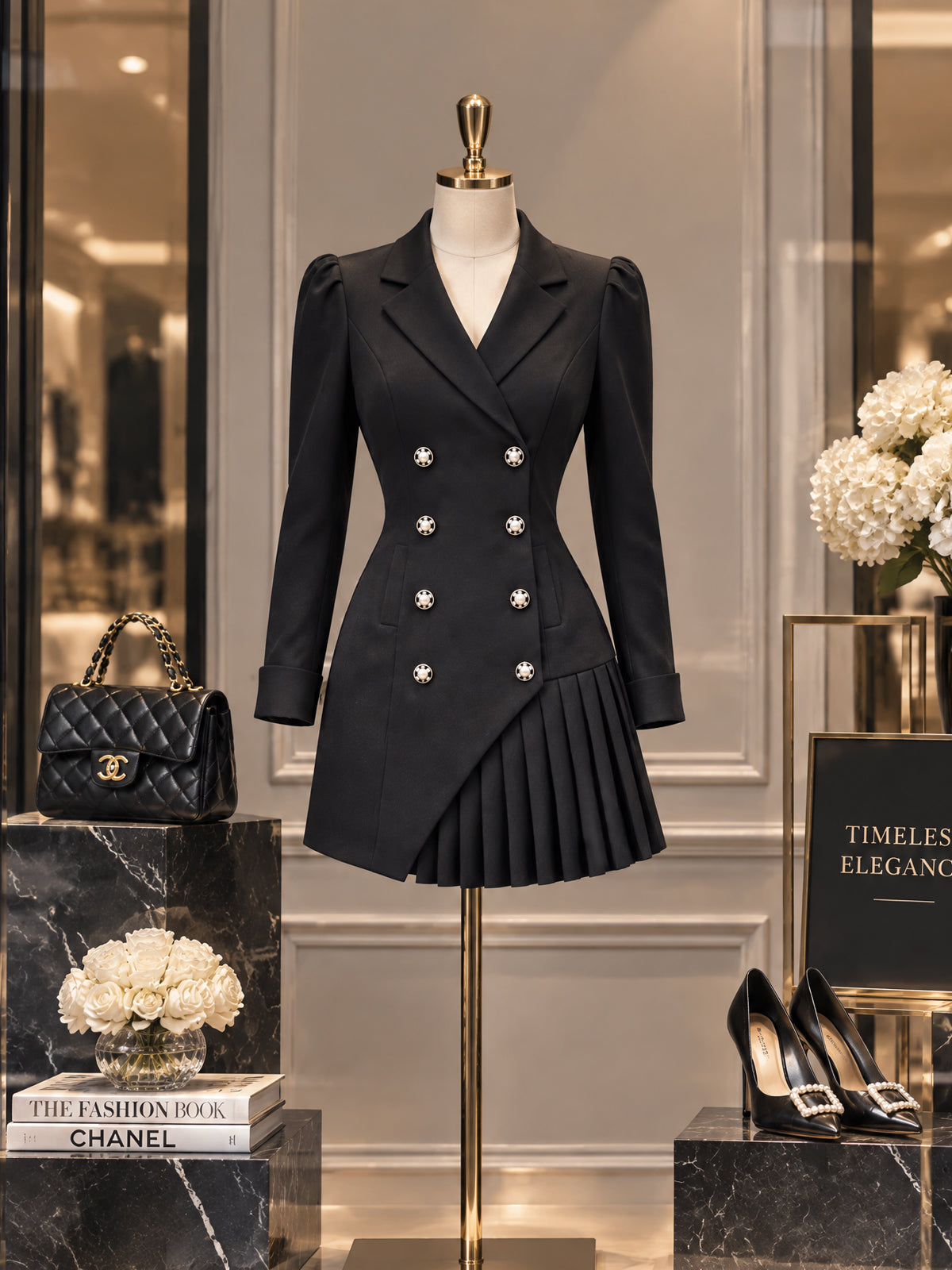Vintage Double-Breasted Pleated Blazer Wool Mini Dress