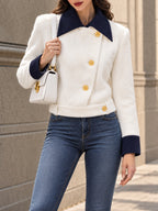 Vintage Navy-Collar Gold-Button Faux Fur Jacket