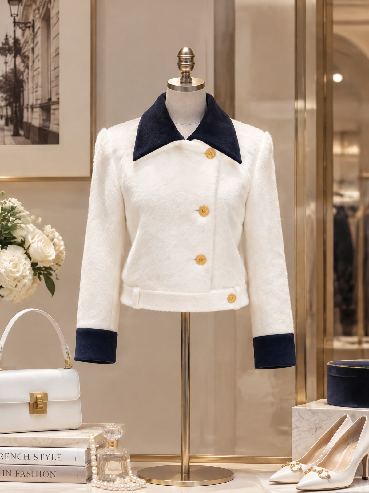 Vintage Navy-Collar Gold-Button Faux Fur Jacket