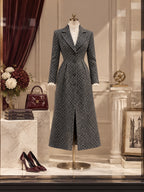 Vintage Polka-Dot Notch-Lapel Fitted Gray Coat