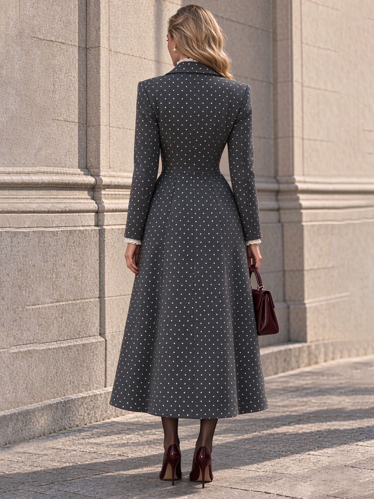 Vintage Polka-Dot Notch-Lapel Fitted Gray Coat