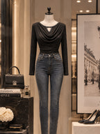Vintage Rhinestone Keyhole Cowl-Neck Shirt