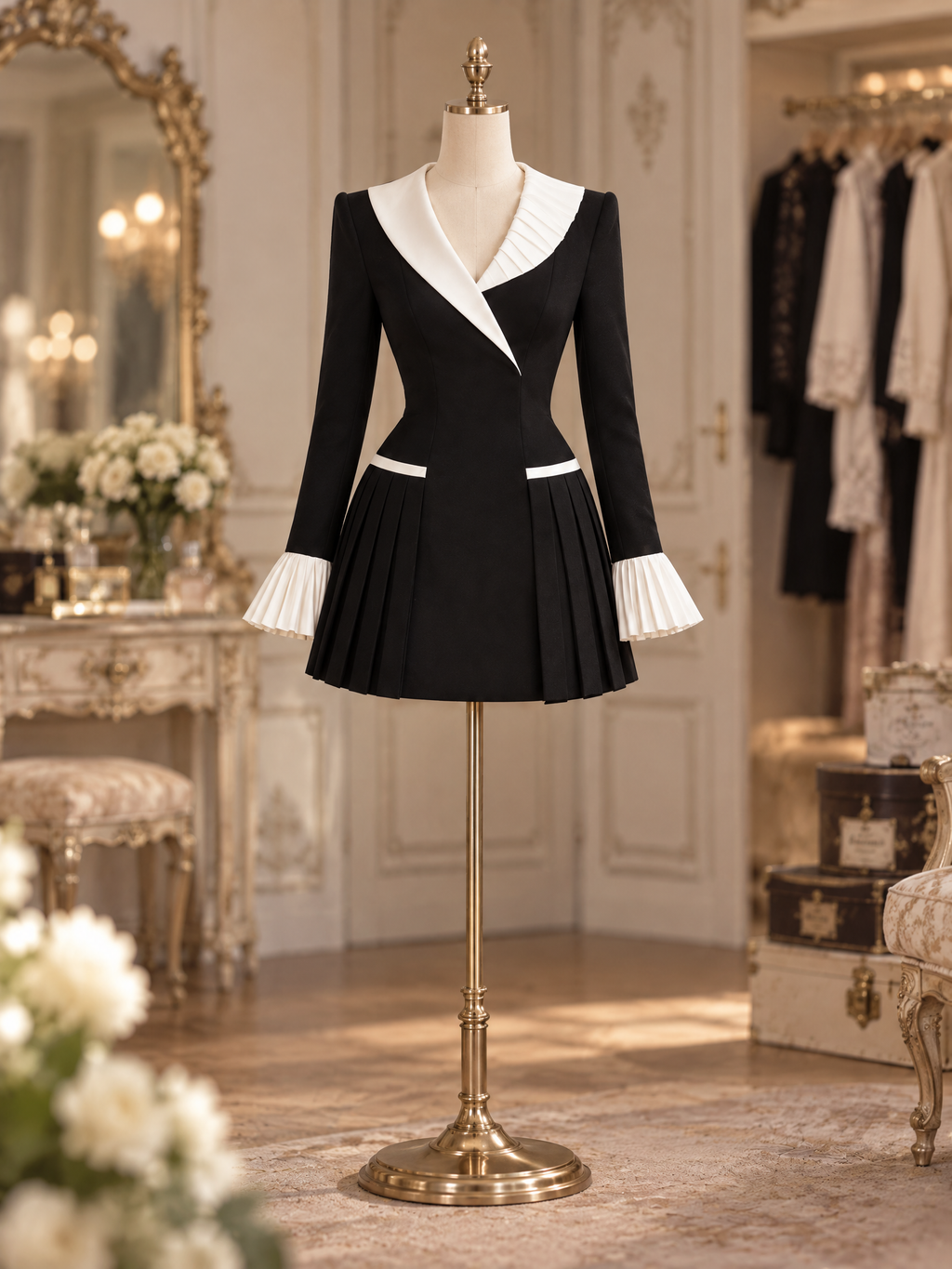 Vintage Hepburn Pleated Cuff Mini Dress