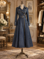 Vintage Faux Denim Belted Trench Style Long Sleeve Midi Dress