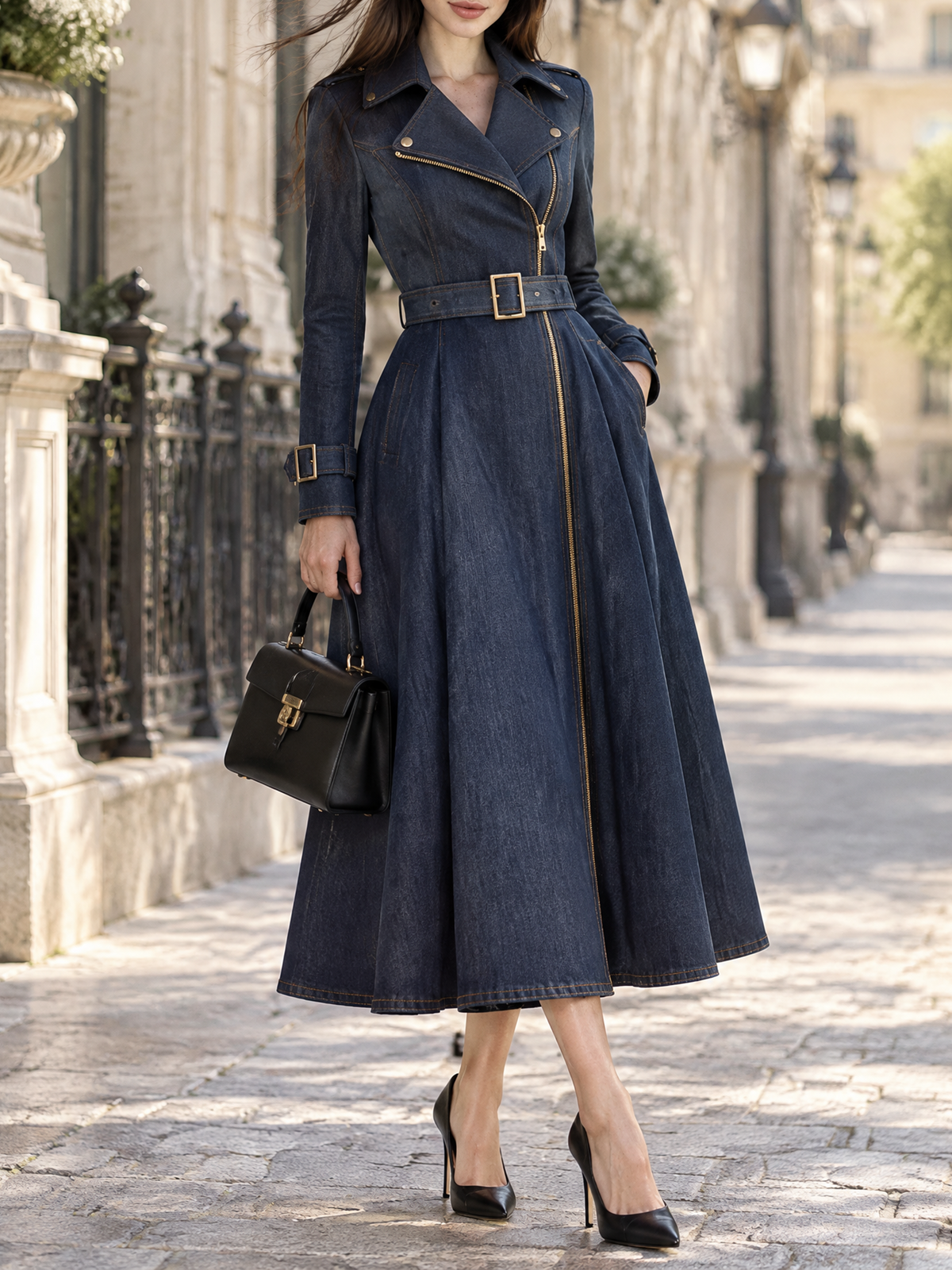 Vintage Faux Denim Belted Trench Style Long Sleeve Midi Dress