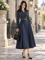 Vintage Faux Denim Belted Trench Style Long Sleeve Midi Dress