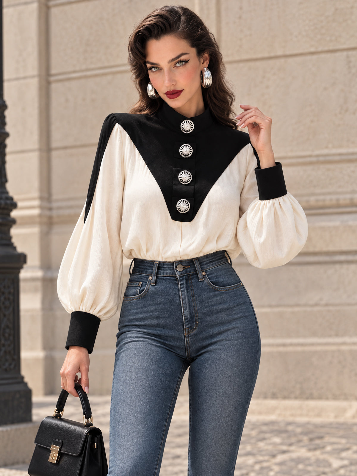 Vintage Colorblock Stand-Collar Blouse