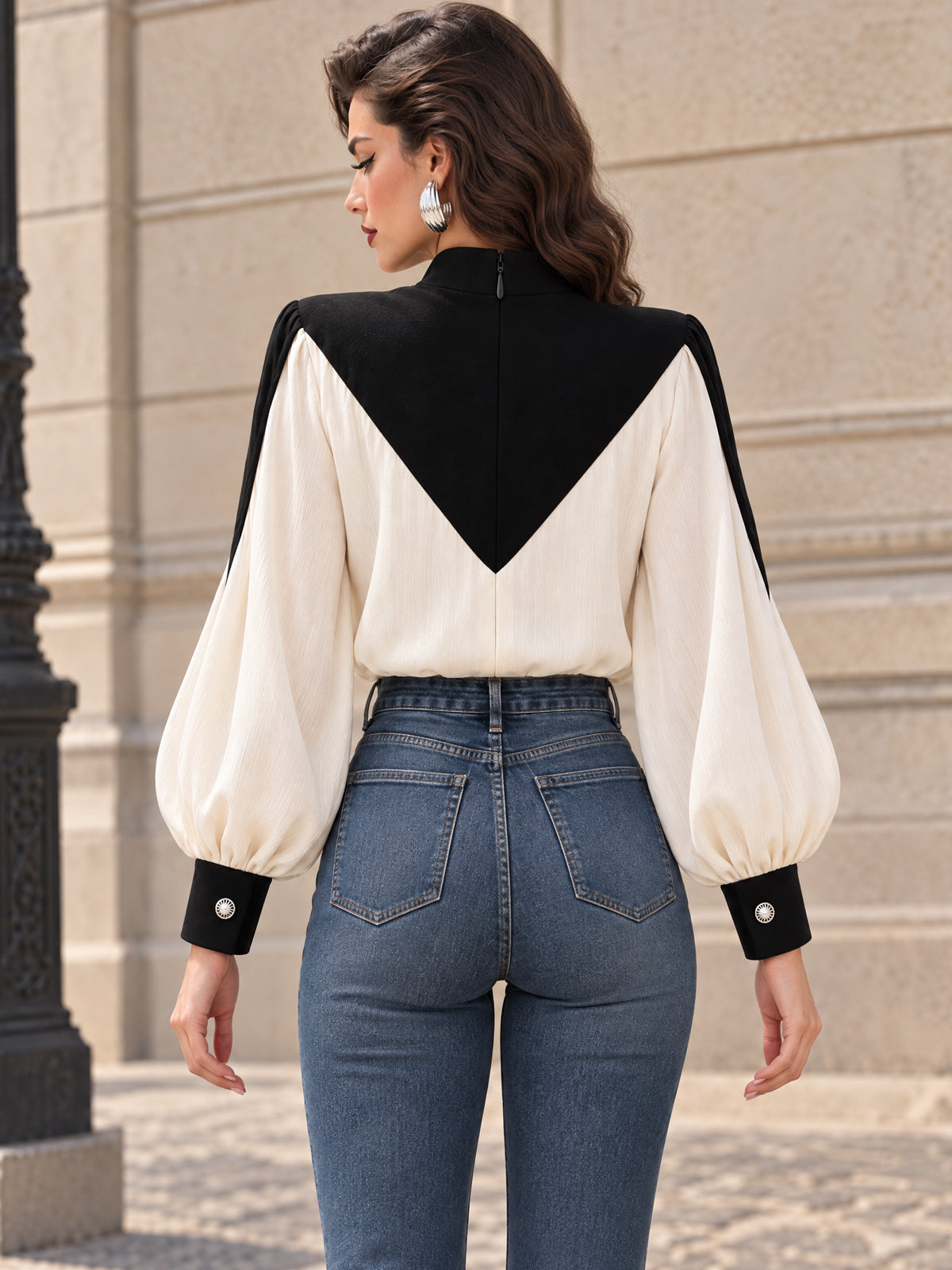 Vintage Colorblock Stand-Collar Blouse