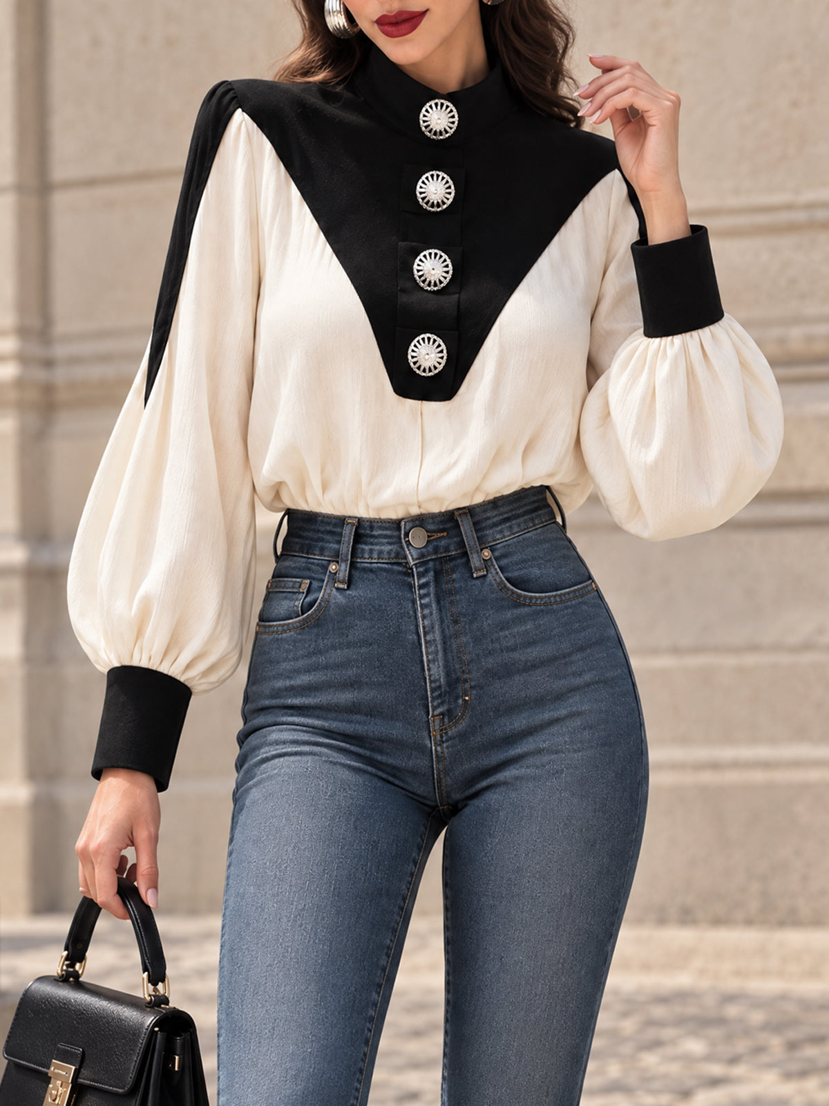 Vintage Colorblock Stand-Collar Blouse
